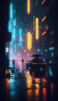 Cyberpunk background blurred city scene in matrix. AI render photo