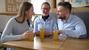três amigos sentar dentro uma cafeteria, beber suco e ter Diversão comunicando video