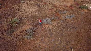 Aerial view of a woman hiking along a volcanic surface near the ocean coast, Tenerife, Canary Islands, Spain video