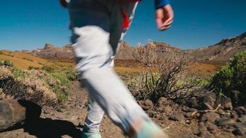 activo caminante mujer excursionismo en teide nacional parque y hace foto paisajes en el teléfono inteligente tenerife, canario islas video