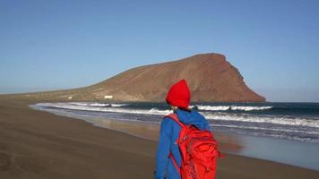 aktiv Wanderer Frau Spaziergänge auf das Strand zu das Wasser. kaukasisch jung Frau mit Rucksack auf Teneriffa, Kanarienvogel Inseln video