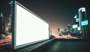 Futuristic city with white blank billboard, night view photo