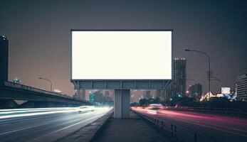 Futuristic city with white blank billboard, night view photo