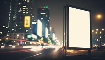 Futuristic city with white blank billboard, night view photo