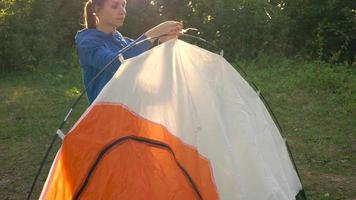 femme est en mettant une touristique tente dans le forêt video