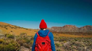 activo caminante mujer excursionismo en teide nacional parque y hace foto paisajes en el teléfono inteligente tenerife, canario islas video