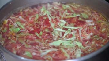 A healthy vegetable soup with fresh cabbage cooking in a kitchen pot. video
