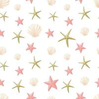 Vector seamless summer pattern. Cartoon starfish and underwater shells. Wallpaper on the theme of a summer beach holiday.