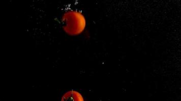 rouge tomates tomber et flotte dans eau, noir arrière-plan, lent mouvement video