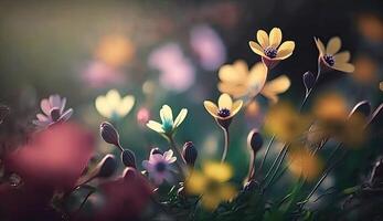 Photo colorful spring flowers background, blurred bokeh effect