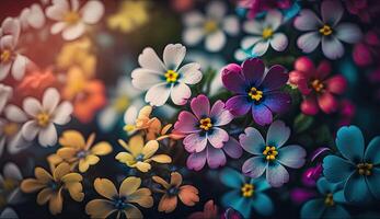 Photo colorful spring flowers background, blurred bokeh effect