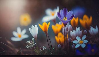 Photo colorful spring flowers background, blurred bokeh effect