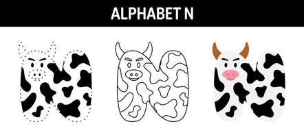 Alphabet N tracing and coloring worksheet for kids vector