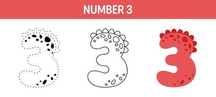 hoja de trabajo para colorear y trazar el número 3 para niños vector