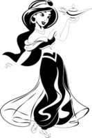 een prinses met lang zwart haar- bekroond met een kroon, Holding een lamp in haar hand- png