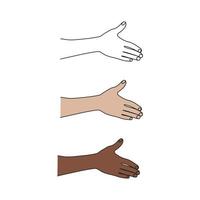 Hand gesture with outstretched palm before handshake. One line art. Pose and gesturing. Hand drawn vector illustration.