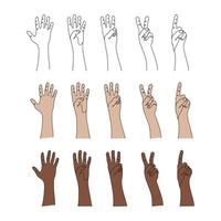 Hand gesture. Count to five on fingers. Line art. One, two, three, four, five. Pose and gesturing. Hand drawn vector illustration.