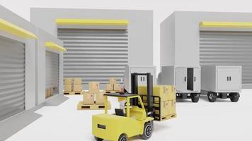 byggnad lager med gaffeltruck för importera exportera, varor kartong låda, lastpall, lastbil isolerat på vit bakgrund. logistisk service begrepp, 3d animering video