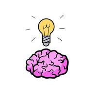 Brain with light bulb. Concept of thinking and new idea. Inspiration and education, problem solving. Hand drawn cartoon illustration vector