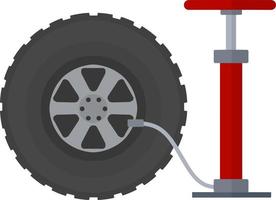Deflated automobile tire. Accident and repair. Punctured wheel of car. Red pump to increase air pressure. Tire service station. Cartoon flat illustration vector