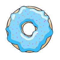 Donut with blue glaze. Sweet sugar dessert with icing. Outline cartoon illustration isolated on white background vector