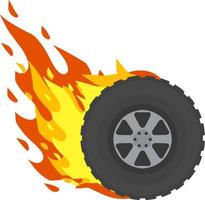 Burning wheel of car. Flames on tire. Symbol of speed and racing. Technical problems and accident. Fire on road. vector