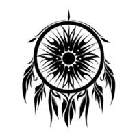 Monochrome dream catcher with feathers and sun silhouette in the middle. Simple vector illustration for tattoo, wall art, t-shirt, pyrography, sublimation, crafting.
