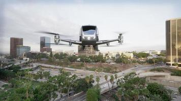 Autonomous driverless aerial vehicle fly across city, 3d render photo