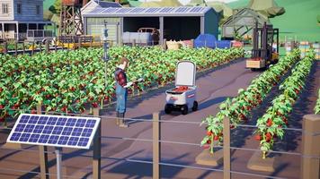 Metaverse avatars of people learning to increase agricultural productivity in smart farm of virtual world, 3d render photo