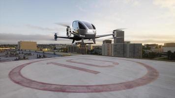 Autonomous driverless aerial vehicle fly across city, 3d render photo