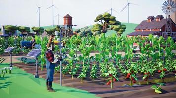 Metaverse avatars of people learning to increase agricultural productivity in smart farm of virtual world, 3d render photo
