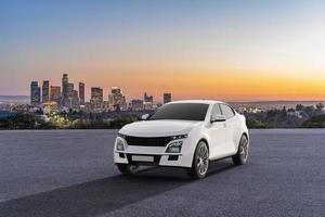 Generic and brandless SUV car parked on asphalt road with city skyline in the background, 3d render photo