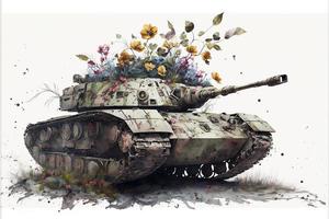 deteriorado batalla tanque cubierto en flores, blanco antecedentes. ai foto