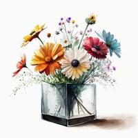Colorful flower painting in vase on white background. Digital illustration AI photo