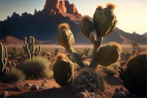 Landscape with cacti and desert in the background. Digital illustration AI photo