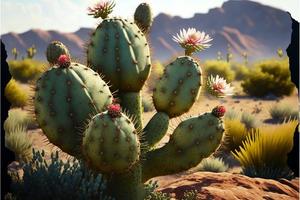 Landscape with cacti and desert in the background. Digital illustration AI photo