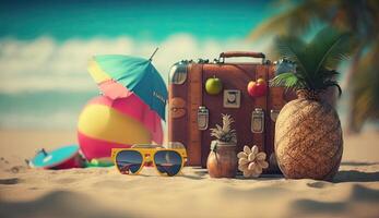 Tropical beach with sunbathing accessories, sunglasses, summer holiday concept background photo