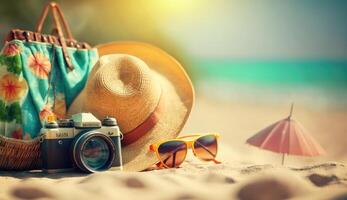 Tropical beach with sunbathing accessories, sunglasses, summer holiday concept background photo