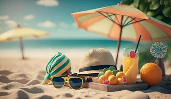 Tropical beach with sunbathing accessories, sunglasses, summer holiday concept background photo