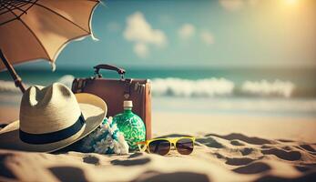 Tropical beach with sunbathing accessories, sunglasses, summer holiday concept background photo