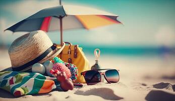 Tropical beach with sunbathing accessories, sunglasses, summer holiday concept background photo