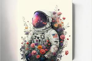 Astronaut illustration with flowers, white background. AI photo