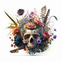 Painting illustration of skull wrapped in flowers, white background. photo