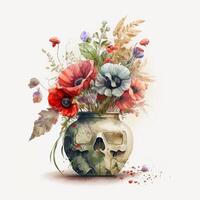 Painting illustration of skull wrapped in flowers, white background. photo