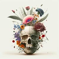 Painting illustration of skull wrapped in flowers, white background. photo