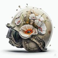 Old, dirty war helmet with flowers on it, white background. AI photo