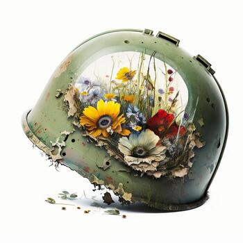 Old, dirty war helmet with flowers on it, white background. AI photo