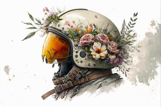 Old, dirty war helmet with flowers on it, white background. AI photo