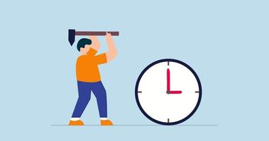 4k animation of Time management, businessman manager or office worker using hammer to break the clock to manage time for projects deadline. video