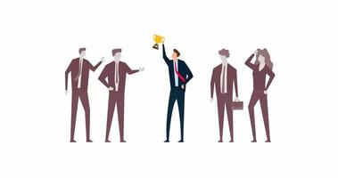 4k Recruitment talent choose best man for job animation.confidence winner businessman holding trophy cup with spotlight on with colleagues. video